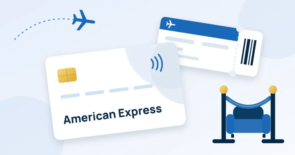 Illustration av ett vitt kreditkort med texten American Express, ett boardingkort, ett flygplan och en loungefåtölj bakom rep