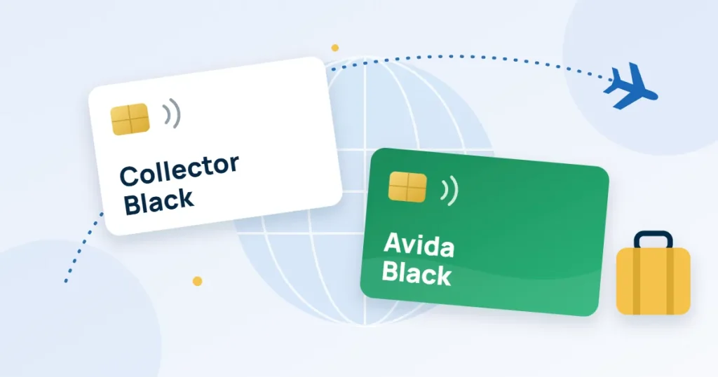 Ett vitt kort märkt Collector Black och ett grönt kort märkt Avida Black framför en jordglob med flygplan och resväska.