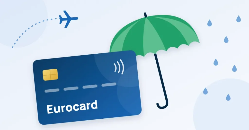 Illustration av ett blått kreditkort med texten Eurocard under ett grönt paraply som skyddar mot regn, med ett flygplan