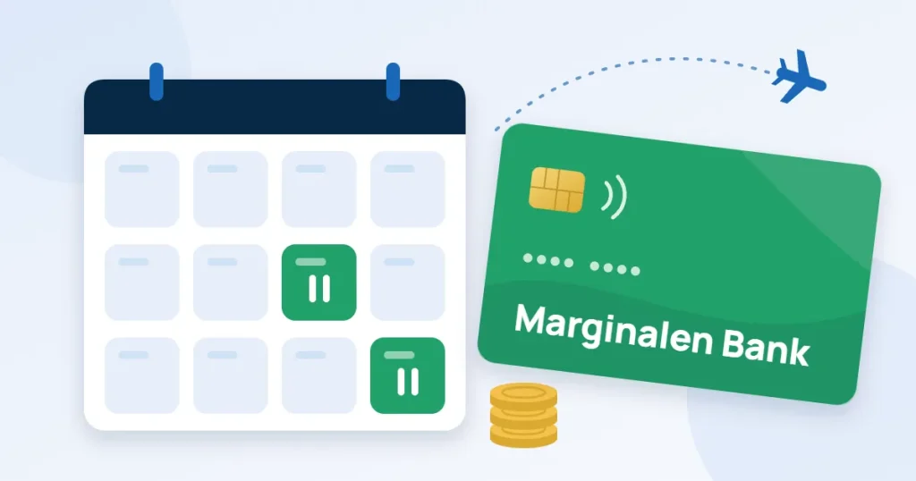 Ritat grönt kreditkort med texten Marginalen Bank bredvid en kalender där två månader är markerade som betalningsfria.