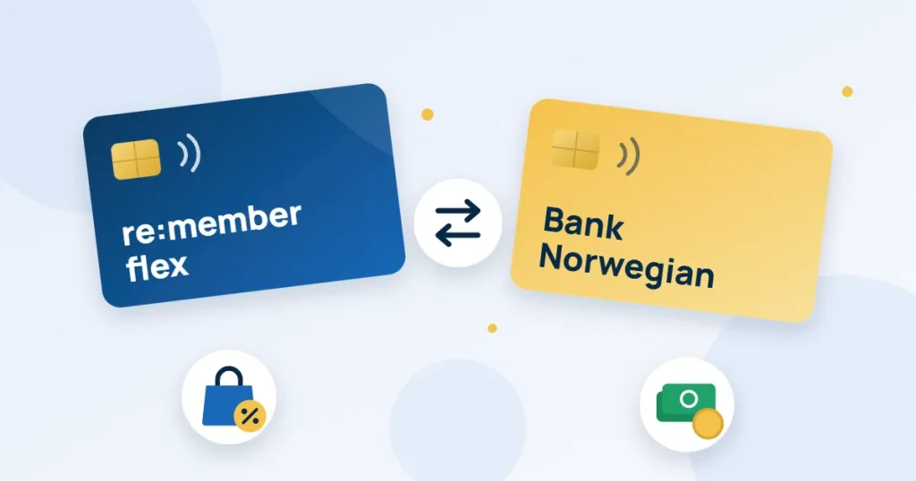 Två kreditkort märkta re:member flex och Bank Norwegian sida vid sida, med en kasse med procenttecken och sedlar under.