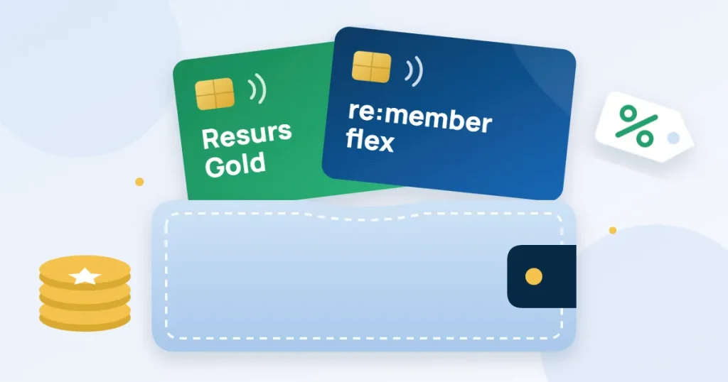 Två kreditkort märkta Resurs Gold och re:member flex som sticker upp ur en plånbok, med poängmynt och en rabattlapp bredvid.