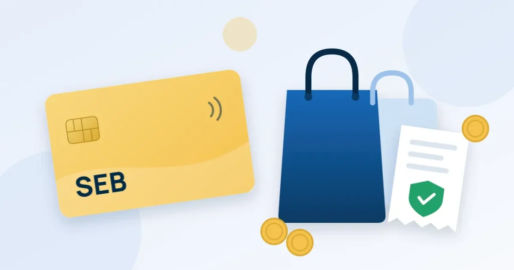 Ett gult kreditkort med texten SEB bredvid en shoppingkasse, ett kvitto med en grön sköld och några mynt.