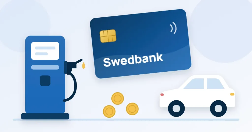 Ett mörkblått kreditkort med texten Swedbank mellan en bensinpump och en vit bil, med några mynt på marken.